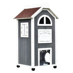 PawHut Wooden Cat House 43H Outdoor Shelter 3-Floor Kitten Condo with Asphalt Roof Escape Doors Stairs Grey White