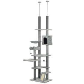 PawHut 89"-100" Floor to Ceiling Cat Tree, Morden Cat Tower with Hammock, Scratching Post & Toy Balls, Indoor Cat Activity Center, Gray