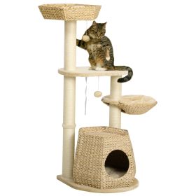 PawHut 47" Cat Tree Kitty Activity Center, Cat Climbing Toy with Cattail Fluff, Bed, Condo, Sisal Scratching Post & Hanging Ball, Natural