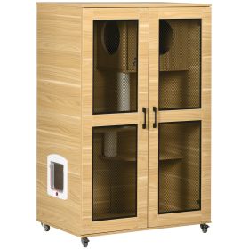 PawHut Cat House with Cat Tree, Kitty Cage with Scratching Posts Condo Cat Enclosure Lockable Wheels, Oak