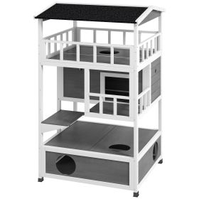 PawHut Wooden Outdoor Cat House with Asphalt Roof, Escape Doors, Condo, Jumping Platform, Light Gray