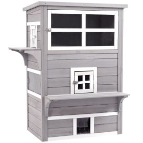 PawHut 3-Tier Feral Cat House Outdoor Kitten Condo with Raised Floor Asphalt Roof Escape Door Jumping Platform Gray