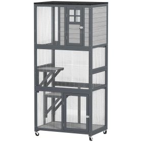 PawHut 74" Wooden Outdoor Cat House Catio with High Weight Capacity, Cat Cage Condo, Light Gray