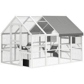 PawHut Wooden Catio Outdoor Cat Enclosure with Waterproof Cover, 2 Condos, 6 Platforms, Bridge, Doors, White