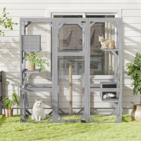 Outdoor Cat House  DIY Cat Enclosure, Cat Catio With Double Enter Doors  62.8 L X 32.2 W X68.5 H Balcony Cat Playpen With Platforms And Two Condo (Color: LIGHT GREY)