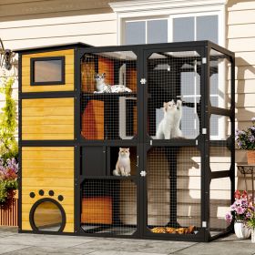 GO Large Cat Catio 4 Tiers Cat Enclosure For Outdoor, Cat House Weatherproof Attached To Window For Multiple Cats With Platforms And Resting Room (Color: Brown)