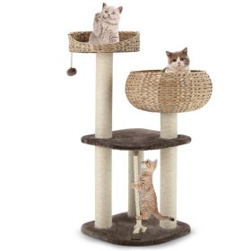41 Inch Rattan Cat Tree with Napping Perch (Color: Beige)